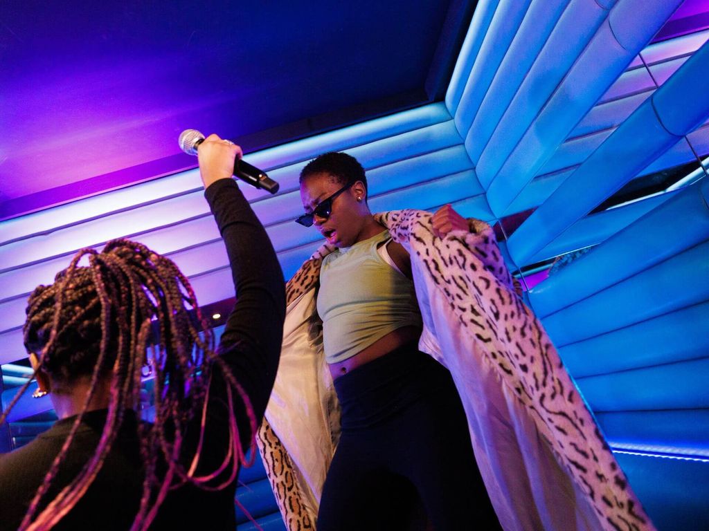 karaoke room woman dancing lucky voice