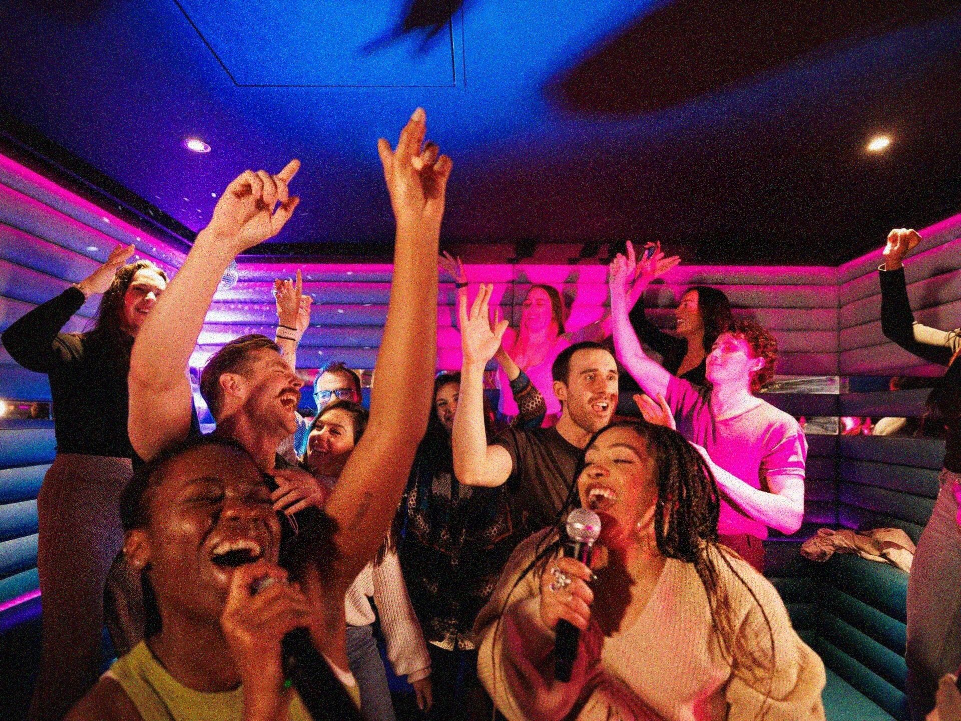 Private karaoke room with friends singing for a London birthday night out
